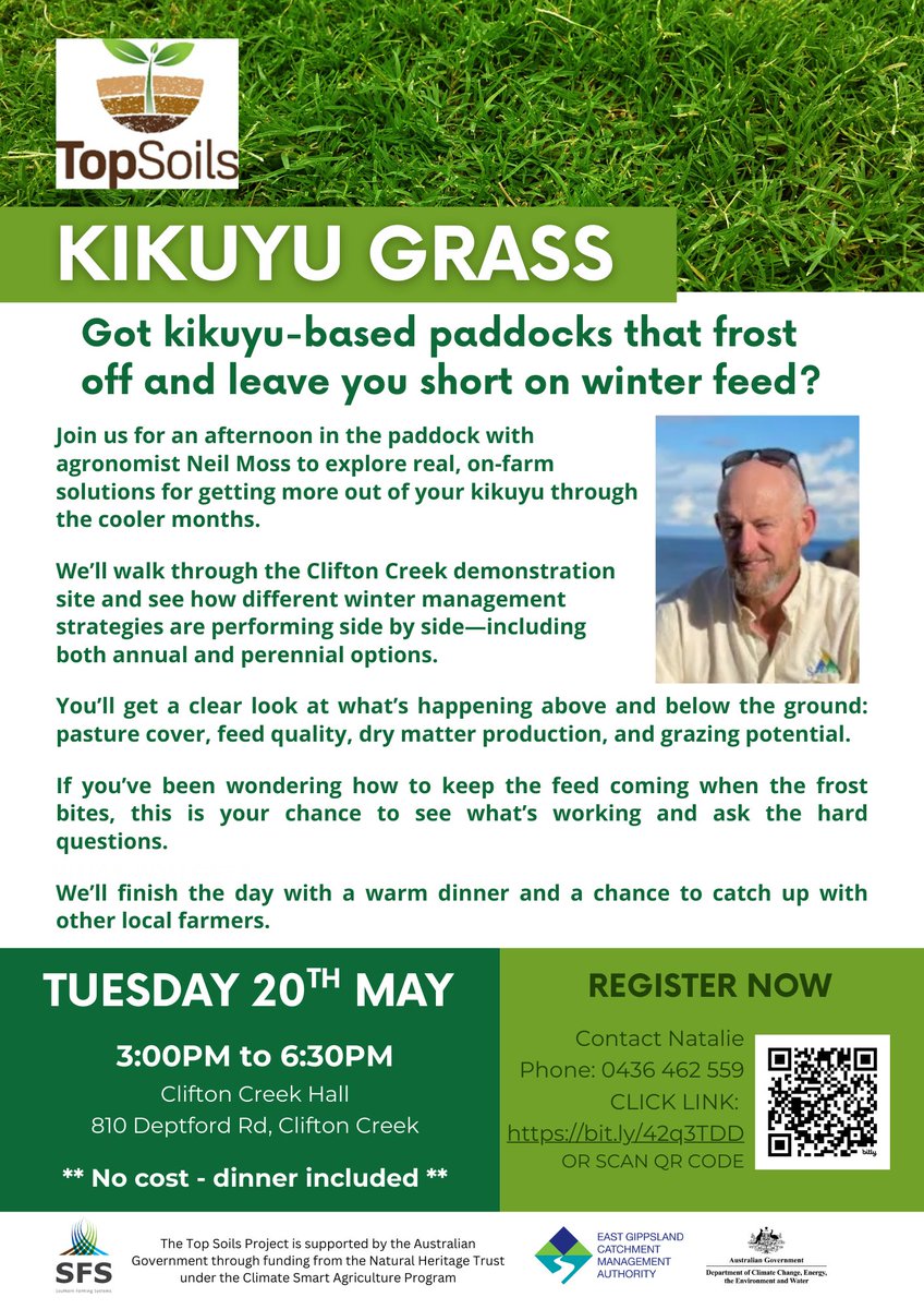 🌱 Frosty kikuyu got you short on feed?
Field Day w/ Neil Moss → Clifton Creek Hall
🗓️ 20 May | 🕒 3–6:30PM | 🍽️ Free dinner!
✅ Oversowing tips
✅ Feed quality + DM production
✅ Ask anything!
📲 Register: bit.ly/42q3TDD
#TopSoils #WinterGrazing #FarmSmart