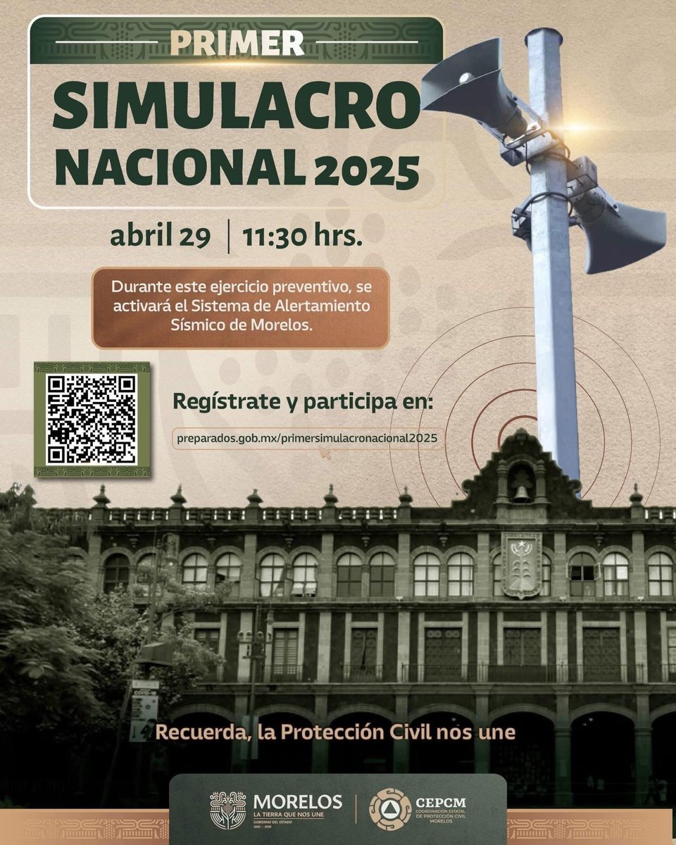 Este 29 de abril a las 11:30 horas, participemos en el Primer Simulacro Nacional 2025. 📍🚨

Se activará el Sistema de Alertamiento Sísmico. ¡Es solo un ejercicio, pero tu participación es clave! 🫱🏻‍🫲🏽

🔴 Regístrate en: preparados.gob.mx/primersimulacr… 📲

#LaTierraQueNosUne