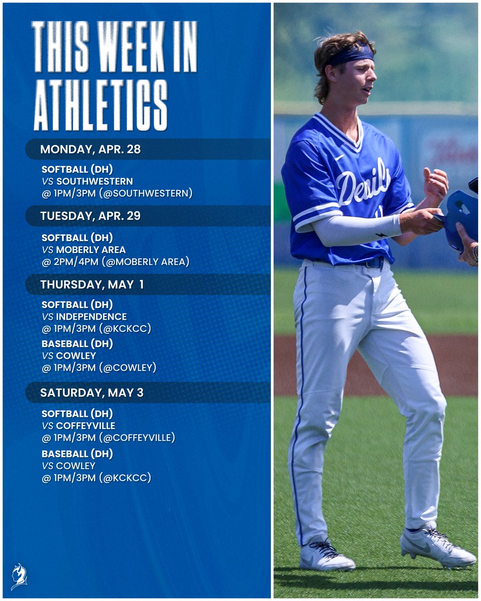 This Week in Athletics...🔵😈
Softball hits the road to kick off the week, while baseball returns home Thursday to begin their final regular season conference series against Cowley. Don't miss out on the last week of regular season for our spring sports!🥎⚾

#KCKCCProud #HornsUp
