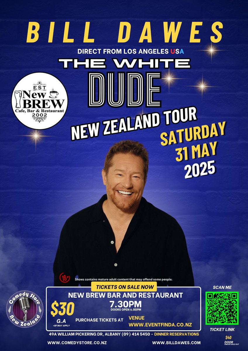 NewBrewBar's tweet photo. #Saturday 31 of May at @NewBrewBar 
Bill Dawes returns to NZ for the first time in 10 years and we are taking him on tour for 10 nights in the North Island
@billdawes 
@comedystoreNZ 
More info link below 👇
https://t.co/baErogeDDq
#BillDawes #ComedyStoreNewZealand #NewBrewBar https://t.co/kGBoVZQ01F