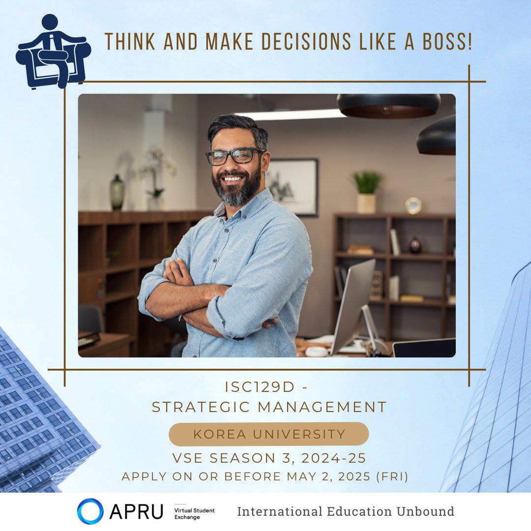 Future bosses, startup founders – are you ready to build the mindset needed to navigate business challenges? Learn how to make smart moves with Korea University in #APRU_VSE S3, 2024-25! 👨🏻‍💼👩🏻‍💼
More details at vse.apru.org/korea-u-s32425/
<a href="/apru1997/">APRU</a> #APRU #VSE