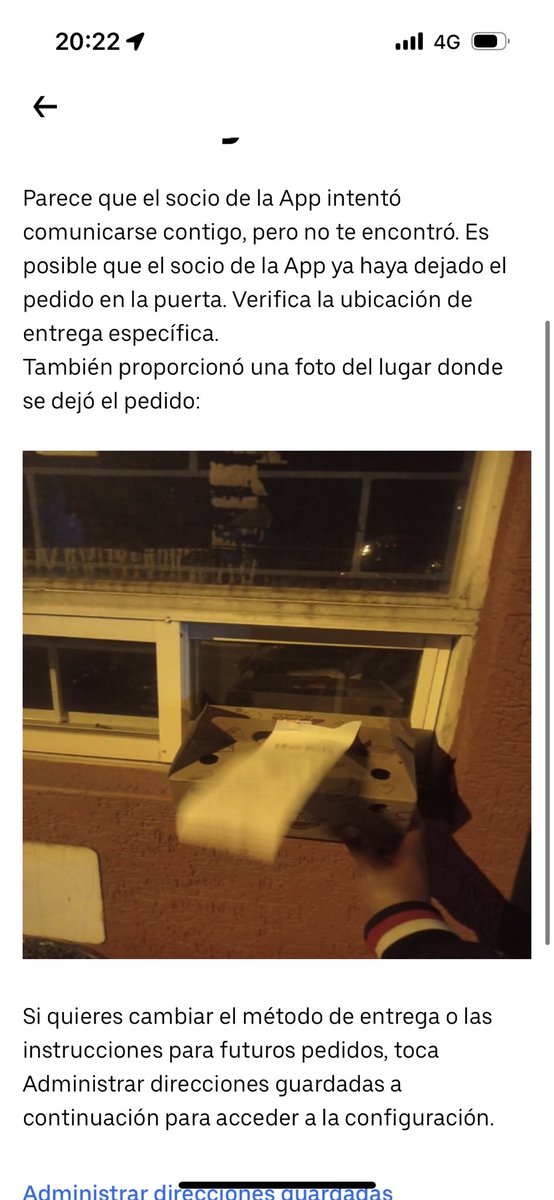 MBelenPL's tweet photo. @UberEats me estafó 
Hoy me robaron mi pedido
Con esta foto muestra supuestamente que entrega un pedido y no fue así.
No me contestaron las llamadas y hacen este reporte y dicen que no me devuelven mi dinero. https://t.co/6G7St5tzIn