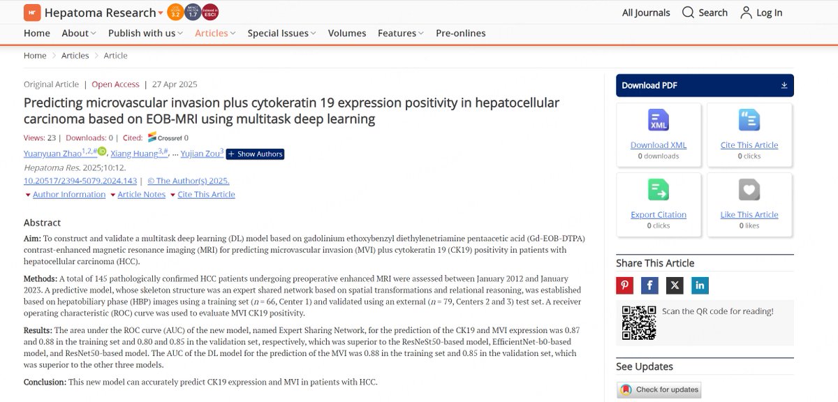 🚀New Research Spotlight!
Using multitask deep learning with EOB-MRI to predict microvascular invasion and cytokeratin 19 positivity in hepatocellular carcinoma — advancing non-invasive precision diagnosis! 
🔗 Read the full paper: oaepublish.com/articles/2394-…
#HCC  #DeepLearning #AI