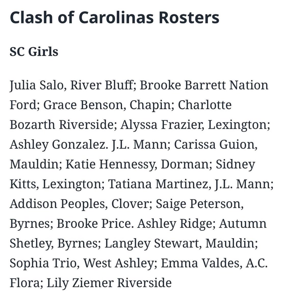 Congratulations to Sidney Kitts for her selection to the Clash of the Carolinas All-Star Game!! We’re so proud of you!