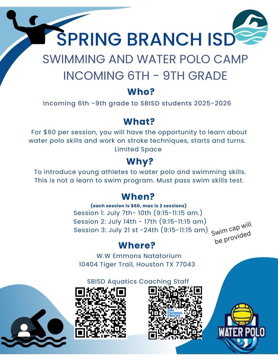 Memorial HS Aquatics (@memorialhs_swim) on Twitter photo SBISD Aquatic Camps for July. We would encourage you all to try them. 🏊♂️🤽♀️
<a href="/MHSMustangsBC/">MemorialBoosterClub</a> <a href="/MHShouston/">MHS Mustangs</a> <a href="/SBISD/">Spring Branch ISD</a> <a href="/sbisdathletics/">Spring Branch ISD Athletics</a> <a href="/SBISD_HFDept/">Spring Branch Health Fitness/Advanced Movers</a> <a href="/houston_mms/">Memorial Middle School Athletics</a> <a href="/SBMSBearPride/">Spring Branch Middle</a> SBISD Aquatic Camps for July. We would encourage you all to try them. 🏊♂️🤽♀️
<a href="/MHSMustangsBC/">MemorialBoosterClub</a> <a href="/MHShouston/">MHS Mustangs</a> <a href="/SBISD/">Spring Branch ISD</a> <a href="/sbisdathletics/">Spring Branch ISD Athletics</a> <a href="/SBISD_HFDept/">Spring Branch Health Fitness/Advanced Movers</a> <a href="/houston_mms/">Memorial Middle School Athletics</a> <a href="/SBMSBearPride/">Spring Branch Middle</a>