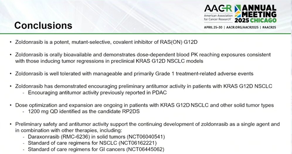 LUNGevity Foundation (@lungevity) on Twitter photo Ph1 trial of zoldonrasib (RMC-9805), an oral KRAS G12D inhibitor in pts w/ #NSCLC showed ORR of 61%. Side effects primarily gastro-intestinal. Great to see new options for this pt group. <a href="/KCArbourMD/">Kathryn C. Arbour</a> <a href="/MSKCancerCenter/">Memorial Sloan Kettering Cancer Center</a> #AACR25 <a href="/KRASKickers/">KRASKickers</a> Ph1 trial of zoldonrasib (RMC-9805), an oral KRAS G12D inhibitor in pts w/ #NSCLC showed ORR of 61%. Side effects primarily gastro-intestinal. Great to see new options for this pt group. <a href="/KCArbourMD/">Kathryn C. Arbour</a> <a href="/MSKCancerCenter/">Memorial Sloan Kettering Cancer Center</a> #AACR25 <a href="/KRASKickers/">KRASKickers</a>