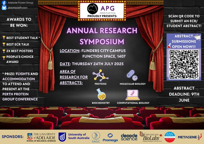 AdelaideProtein's tweet image. 🎉 Excited to announce the APG Annual Research Symposium is coming soon!

🧬A day to celebrate cutting-edge science, connect with fellow researchers, and spark new ideas! ✨

📅 Save the date and stay tuned for more details!