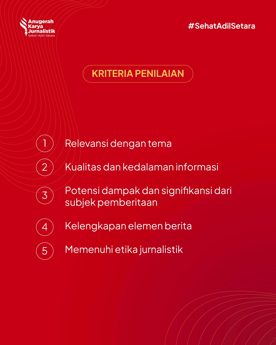 Anugerah Karya Jurnalistik Sehat • Adil • Setara 2025 hadir kembali.

Mari  mengumpulkan karya-karya jurnalistik terbaik bertemakan penyakit tidak  menular dalam format tulis, video, esai foto, dan siniar atau audio.

Simak info lengkapnya melalui poster berikut