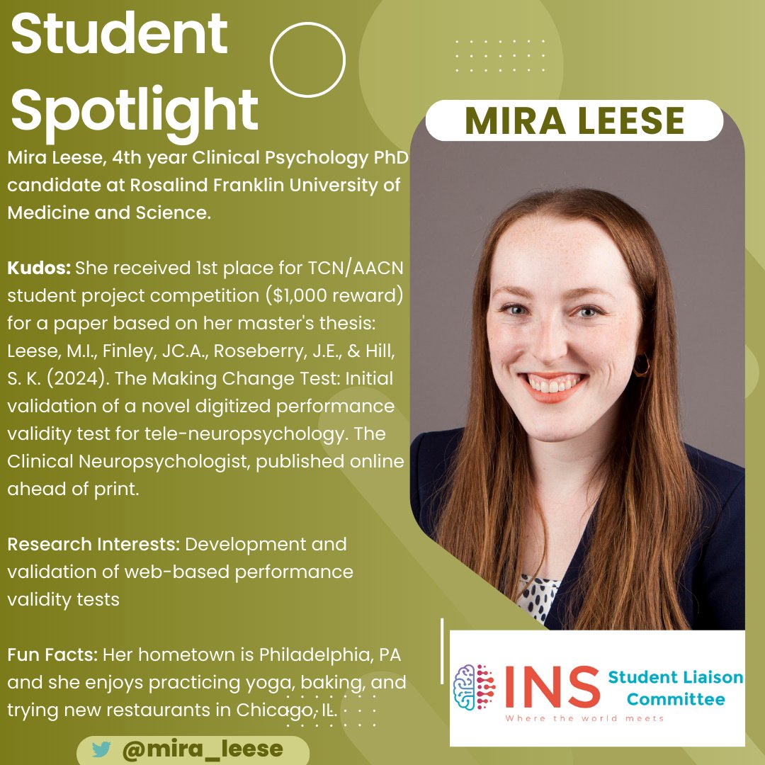 INS Student Liaison Committee (@ins_slc) on Twitter photo 👋#INSstudentspotlight of the week!
<a href="/mira_leese/">Mira Leese</a> , 4th year Clinical Psychology PhD candidate at Rosalind Franklin University received the 1st place for <a href="/TheClinicalNP/">TheClinicalNeuropsychologist</a>/<a href="/TheAACN/">The AACN</a> student project competition!
<a href="/INSneuro/">INS</a>
#NeuropsychTwitter #Neuropsychology 👋#INSstudentspotlight of the week!
<a href="/mira_leese/">Mira Leese</a> , 4th year Clinical Psychology PhD candidate at Rosalind Franklin University received the 1st place for <a href="/TheClinicalNP/">TheClinicalNeuropsychologist</a>/<a href="/TheAACN/">The AACN</a> student project competition!
<a href="/INSneuro/">INS</a>
#NeuropsychTwitter #Neuropsychology