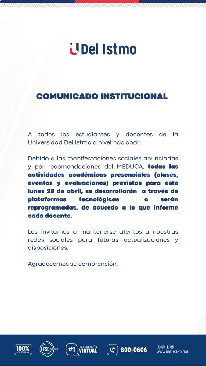 udelistmo's tweet photo. Atención docentes y estudiantes de nuestra Universidad Del Istmo https://t.co/OYDqd2dwIx