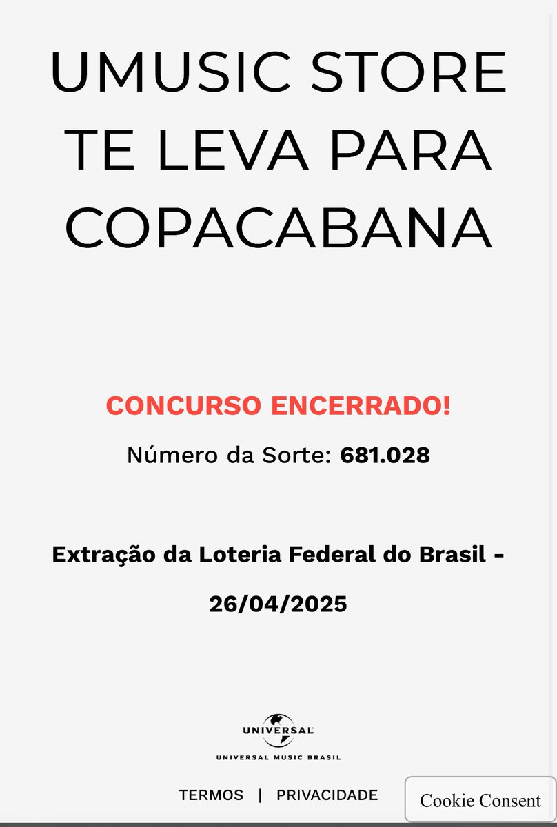 Saiu o resultado do sorteio da Universal Music. 
Mais um sorteio que perdi 🥲 não conhecia essa meu super poder de perder todos os sorteios rs 🤪 
#GagacabanaVIP