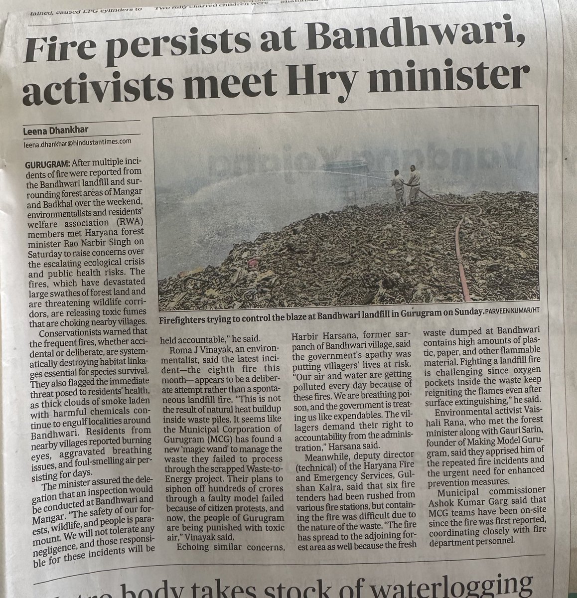 leenadhankhar's tweet photo. After another devastating weekend of fires at Bandhwari landfill and adjoining forests, environmentalists met Haryana Forest Minister Rao Narbir Singh to demand urgent action. Toxic smoke is choking villages, critical wildlife corridors are being destroyed, and health risks are mounting.
“This is not spontaneous combustion. This is planned ecological vandalism,” said Roma J Vinayak. Villagers allege they're breathing poison daily while the administration looks away.
Fire officials said fresh waste loaded with plastics made the fire uncontrollable. Activists urged the minister for independent inquiries and real accountability, warning of an impending environmental collapse.
Meanwhile, the Municipal Commissioner claimed teams are working round the clock, but residents are losing patience.
Will the government act before it's too late?
#BandhwariFires #SaveAravallis #ToxicAir #EnvironmentalCrisis #ForestOnFire #RightToBreathe #CleanAirNow #WasteManagementFailure #SaveMangarForest #BandhwariLandfill #EcoGenocide #GurugramCrisis #HaryanaNews #AccountabilityNow #CitizensForCleanAir
