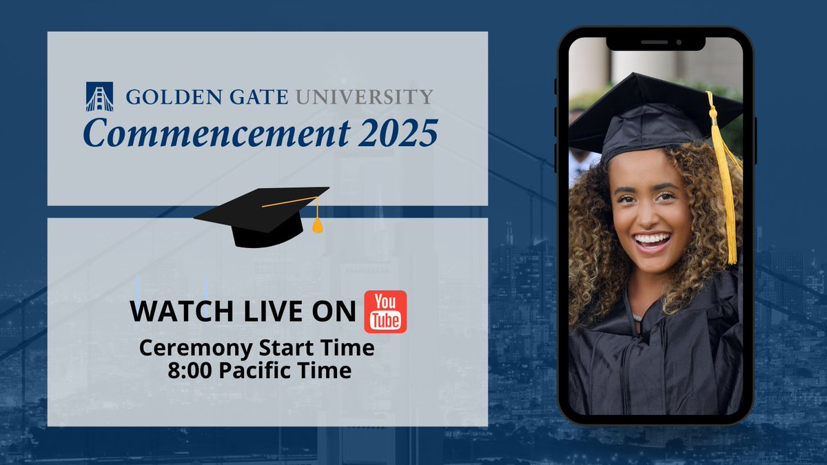 🎓🎉 Join us for Golden Gate University's 2025 Commencement LIVE on YouTube! Celebrate the accomplishments of our graduates as they take the next step in their journey. 🌟

📅 Sunday, 4/27  ⏰ Time: 8 PM Pacific Time 📍 Watch here: 
ow.ly/c2Lg50VIvRo