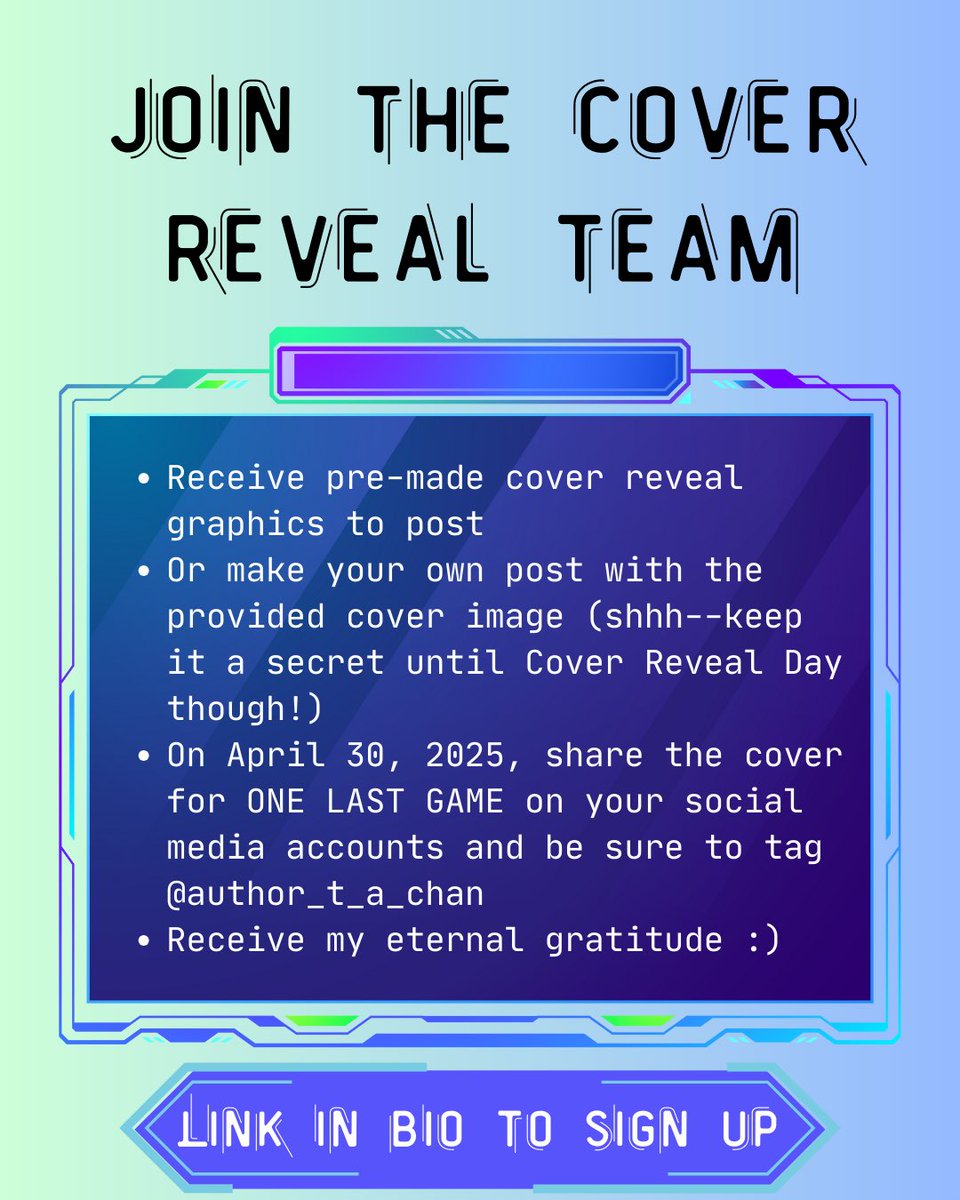 👀 Something exciting and cover-shaped landing soon!!! 

In the meantime, if you like
♟️ high stakes games
🩸overthrowing immoral governments 
🔪 betrayals

then ONE LAST GAME might be right for you!

#WritingCommunity #scifibooks #writeroftwitter