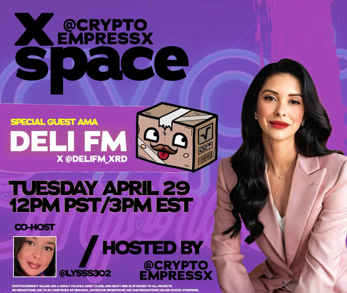 Get hyped for Crypto Space! 📻🎙️

Join us for an epic space with <a href="/DELIFM_XRD/">DELI FM</a>! 🚀

Meet $DeliFM, the wildest, most unstoppable crypto radio station out there. 
Hosted by Buzz Shipmann, a sentient cardboard box with a bone to pick, dropping jazz, bossa nova, and heavy