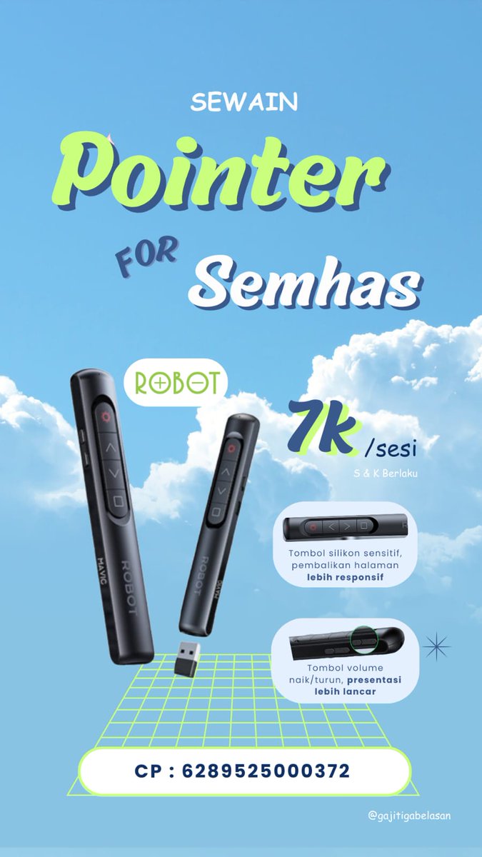stis_fess's tweet image. [POINTES SEMHAR]

pengen presentasi lancar? ga ribet? 💁🏻‍♀️

yuk sewa pointer stat! 🖲️✨
cuma 7K bisa bikin presentasi kamu lancar dan ga nervous🫨

buat yg minat langsung gas wa admin yaa😉
admin 4 : wa.me/62895705502077

#sewain #ayosewa #plis
@gajitigabelasan