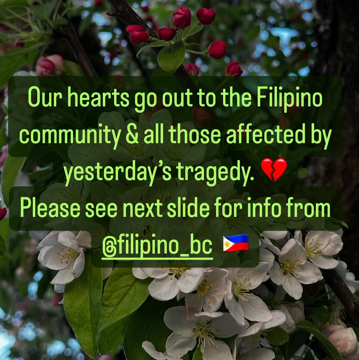WindermereMarkt's tweet photo. Our thoughts are w/t Filipino community &amp; all those affected by the heartbreaking tragedy yesterday. We hold you in our hearts always. 💔
Please see support info from @filipinos_BC on second pic. "We encourage everyone to check in, support  &amp; hold each other... You aren't alone." https://t.co/7EIRCJtzq6