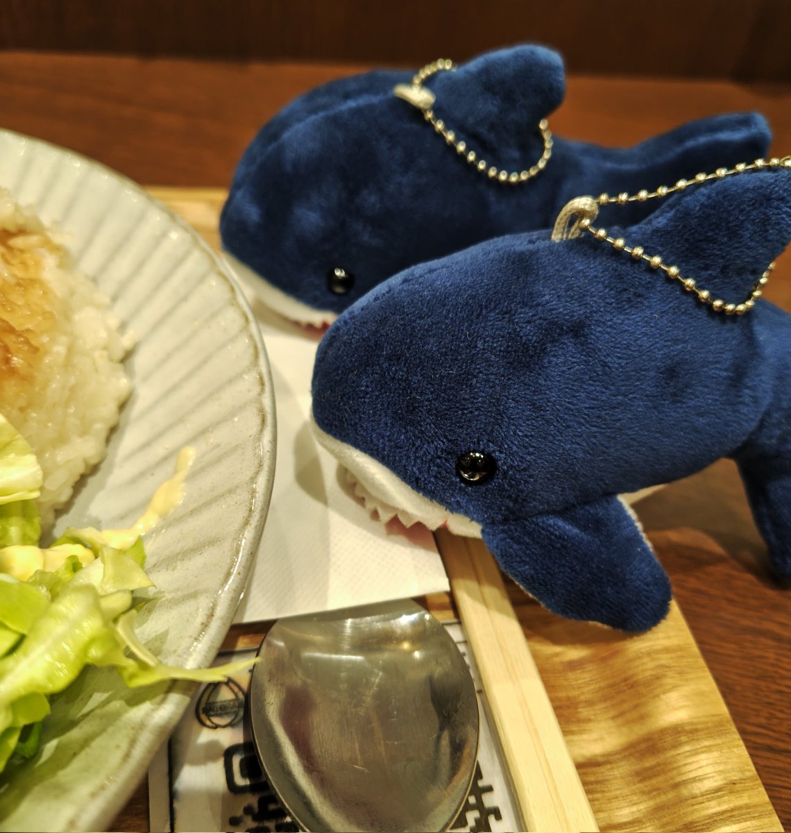 edachi_yori's tweet photo. 先週末はサイゼリヤが混んでたからイオンのフードコートへ。

月🦈「あれっ！？ここ今月末で閉店だって！」
星🦈「えー！やだー！」

美味しいアジア料理のお店で気に入ってたのに…残念だね😫

月🦈「でも今日イオンに来て良かった」
星🦈「カレーも美味しいのに…😭」

#PACPAK 
#ぬい撮り https://t.co/3TE1amwRGw