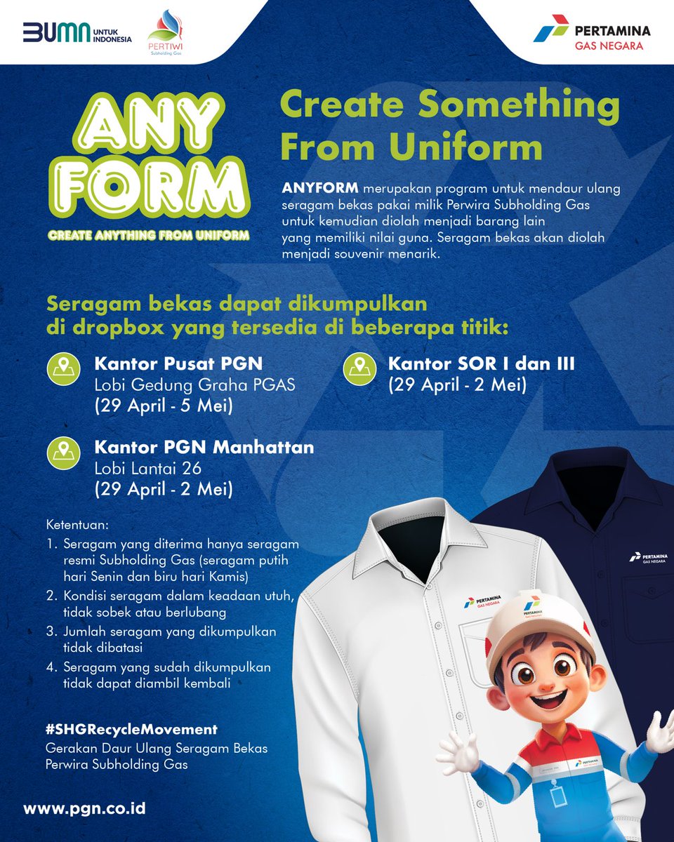 Gas_Negara's tweet image. Anyform, daur ulang seragam bekas pakai Perwira Subholding Gas untuk kemudian diolah menjadi barang lain yang memiliki nilai guna.

Simak selengkapnya untuk syarat dan ketentuannya ya!

#AcceleratingProgress
#EnergizingYou
#BUMNUntukIndonesia
#PGN