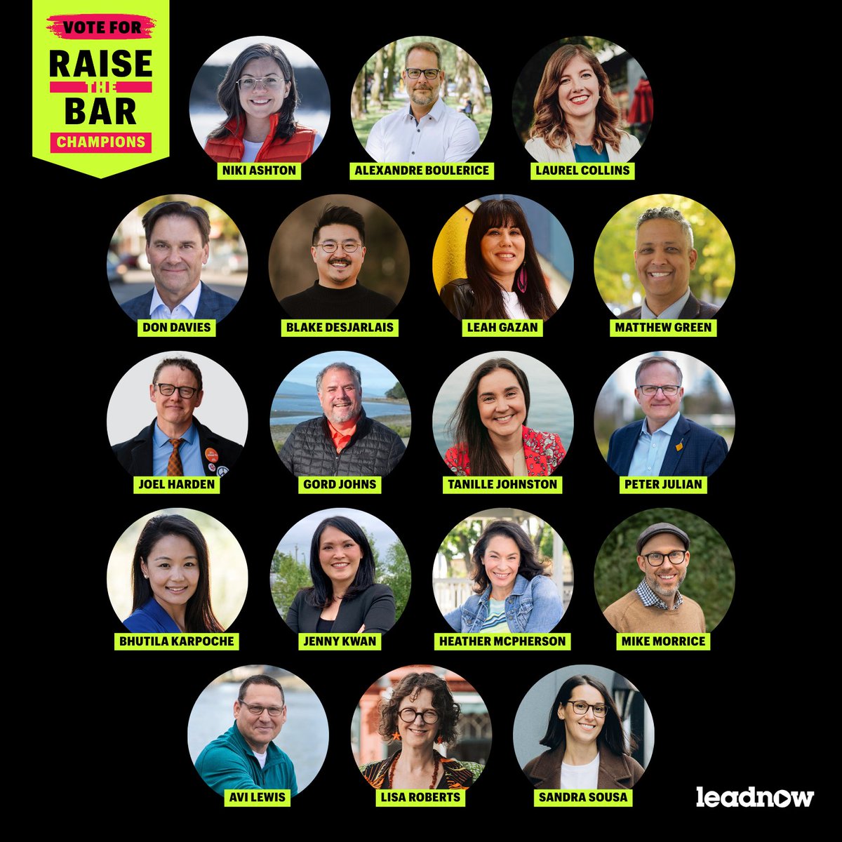 Our #RaiseTheBar champions aren’t afraid to stand with us and commit to delivering affordable housing for all, taking action to build a clean energy economy, and fighting to ensure corporations are paying their fair share.

Check them out 👉 leadnow.ca/introducing-20… #elxn45