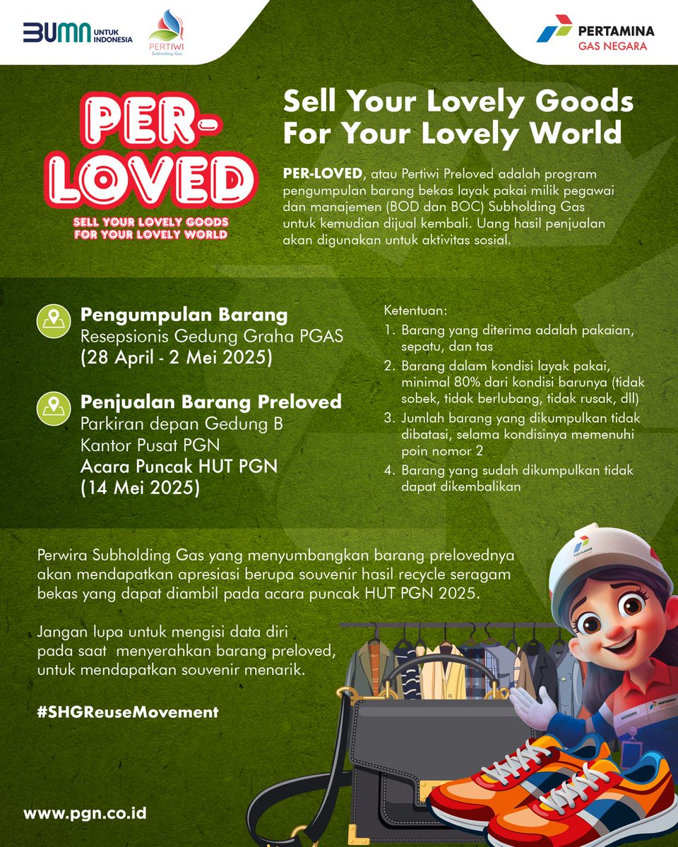 Gas_Negara's tweet image. Per-Loved atau Pertiwi Preloved hadir manfaatkan barang bekas layak pakai. Jangan sampai ketinggalan untuk berbagi manfaat dari barang bekas.

Simak selengkapnya untuk syarat dan ketentuannya ya!

#AcceleratingProgress
#EnergizingYou
#BUMNUntukIndonesia
#PGN
