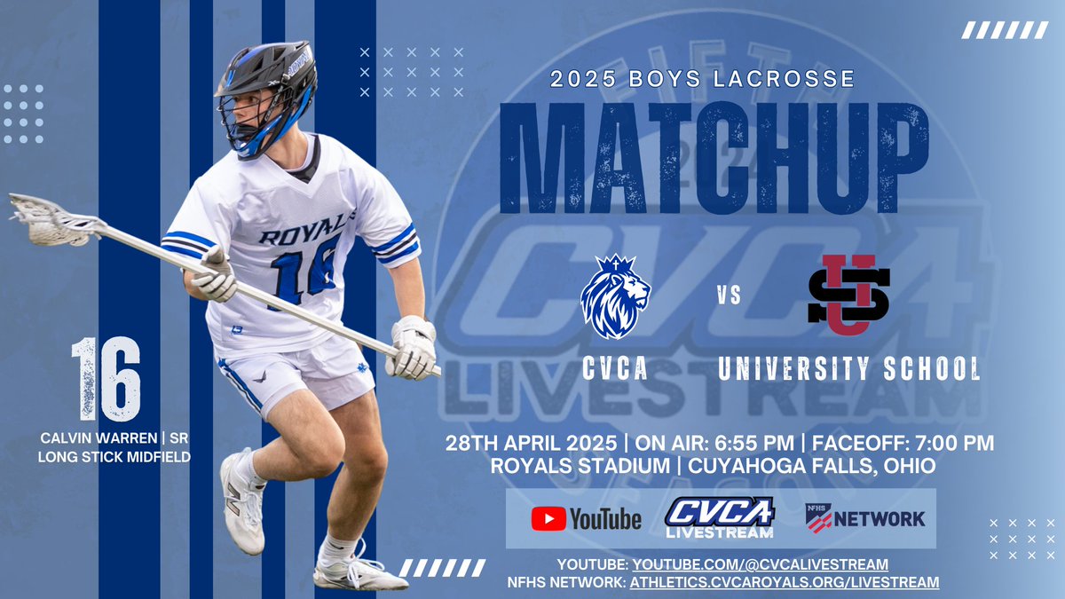 CVCA Livestream (@cvcalivestream) on Twitter photo It's a game that just came together over the weekend after both teams had schedule cancellations, and CVCA Livestream will have it for you. <a href="/US_Preppers_Lax/">University School Lacrosse</a> visits <a href="/cvca_lax/">CVCA Royals LAX</a> on Monday night. On air: 6:55 PM. Faceoff: 7:00 PM. Watch on the CVCA Livestream YouTube page. Direct game It's a game that just came together over the weekend after both teams had schedule cancellations, and CVCA Livestream will have it for you. <a href="/US_Preppers_Lax/">University School Lacrosse</a> visits <a href="/cvca_lax/">CVCA Royals LAX</a> on Monday night. On air: 6:55 PM. Faceoff: 7:00 PM. Watch on the CVCA Livestream YouTube page. Direct game