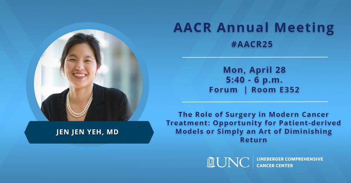 Jen Jen Yeh (<a href="/YehlabUNC/">Yeh Lab</a>), MD, will present today at #AACR25 on the role of surgery in modern cancer treatment: opportunity for patient-derived models or simply an art of diminishing return (pancreatic cancer) <a href="/UNCPancreas/">UNC Pancreas Center</a> 

⌚️: 5:40 - 6 p.m.
📍: E352

unclineberger.org/news/unc-lineb…