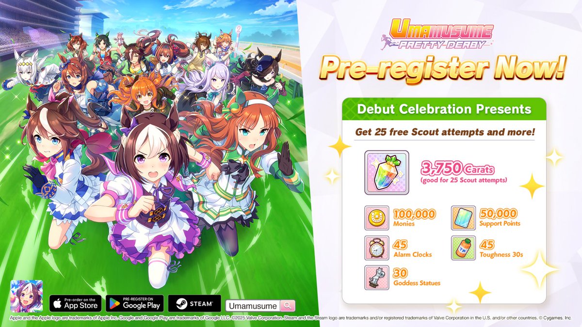 ✨ Debut Celebration Present

To celebrate the English pre-registration of Umamusume: Pretty Derby, all trainers will receive 3,750 Carats and more at launch!

See you soon at Tracen Academy! 🎉
umamusume.com

#Umamusume