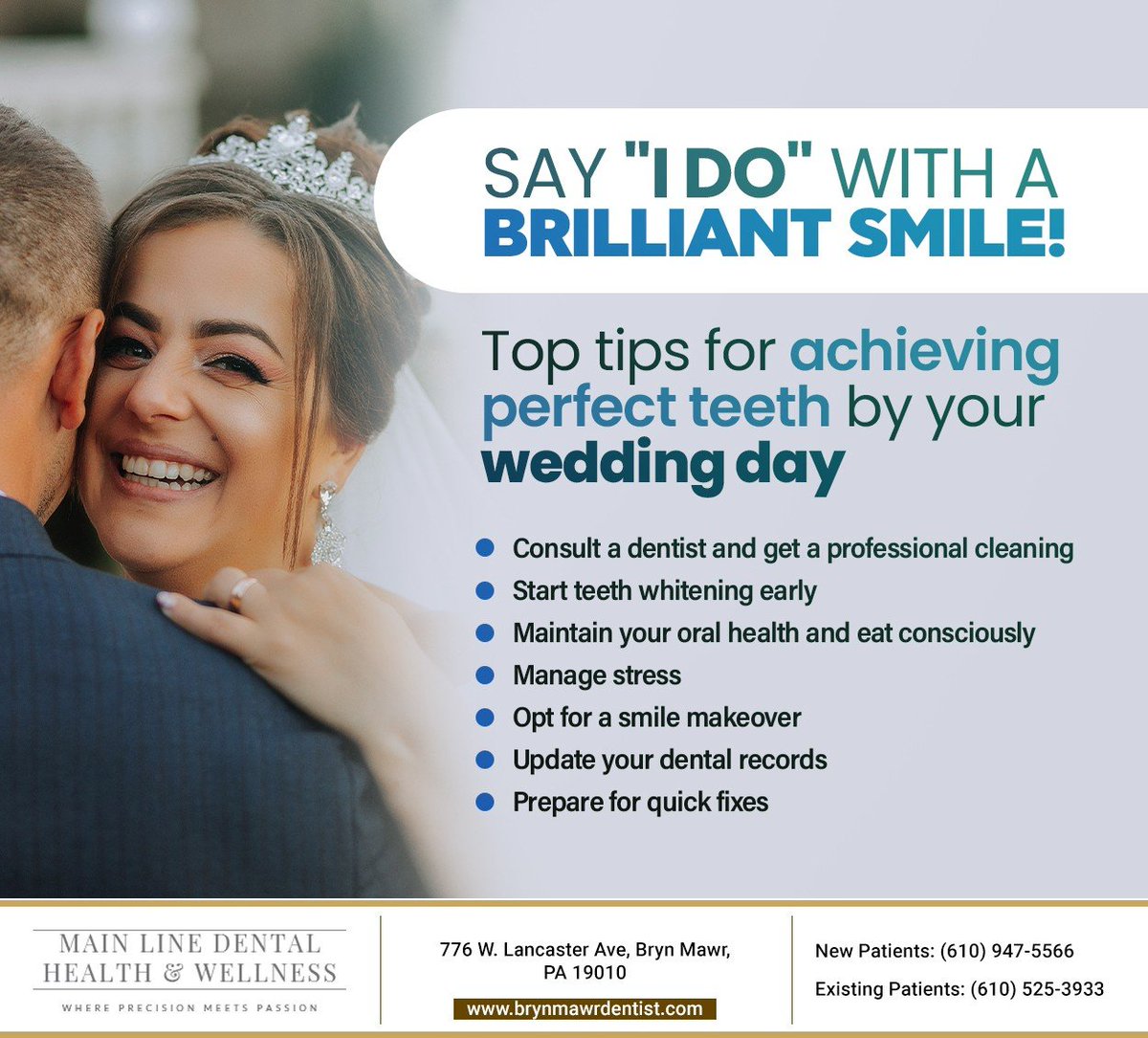 mainlinedentalH's tweet photo. Get ready for your big day with a stunning smile. These tips will help you achieve perfect teeth by your wedding day. May your smile be as bright as your future. #weddingsmile #sayido #BrynMawrDentist #BrynMawr #PA #smileready #smilemore #greatsmile #mainlinedentist https://t.co/gxajJAdbGY