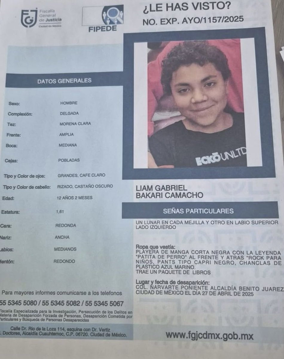 DesireeNavarro's tweet photo. Ayúdanos a localizarlo. #LiamGabrielBakariCamacho fue visto por última vez en la Colonia Del Valle Alcaldía Benito Juárez tiene 12 años. https://t.co/X5lMBASXSD