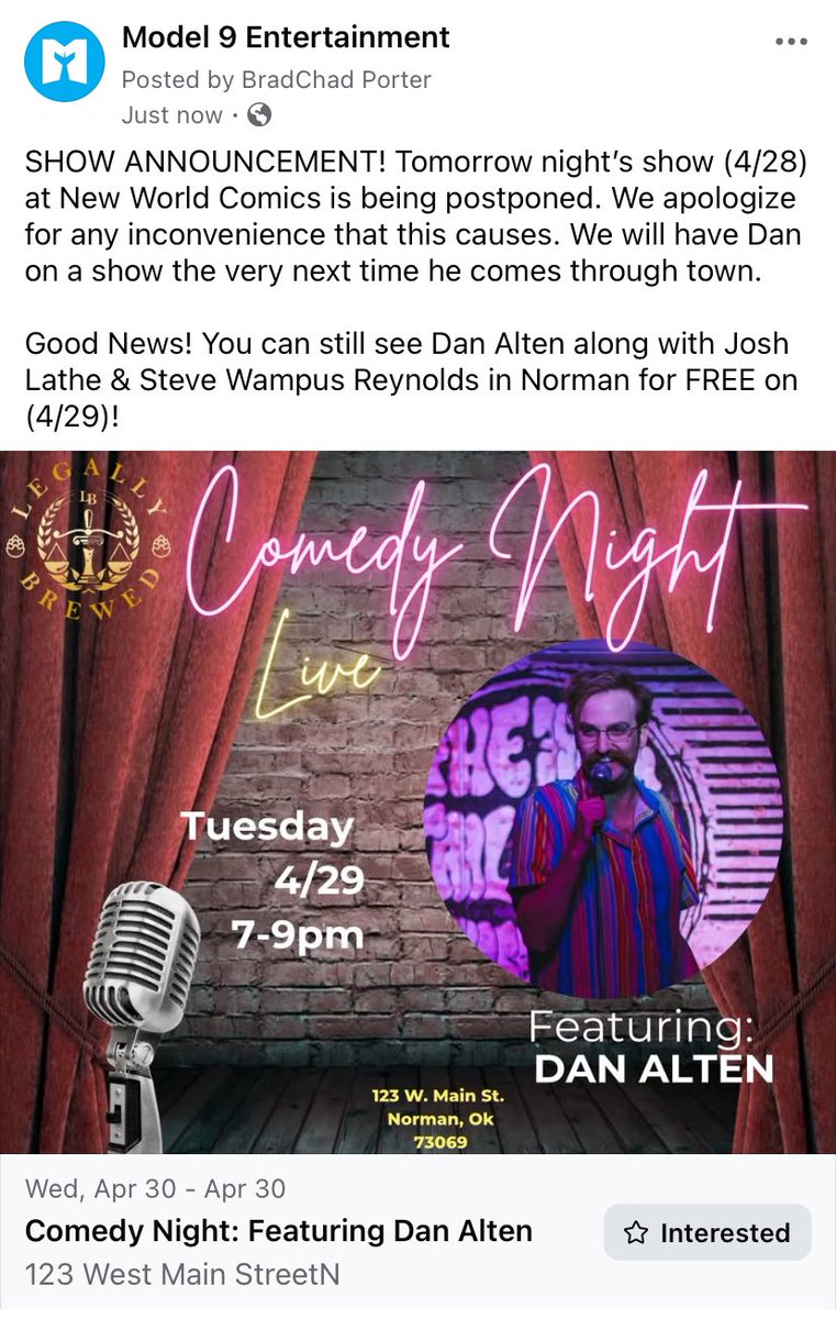 Model9Live's tweet image. SHOW ANNOUNCEMENT! 
The show (4/28) at New World Comics is being postponed. We apologize for any inconvenience this causes. We will have Dan back the next time he comes to town. 
Good News! You can see Dan Alten with Josh Lathe &amp;amp; Steve Wampus Reynolds in Norman for FREE on (4/29)