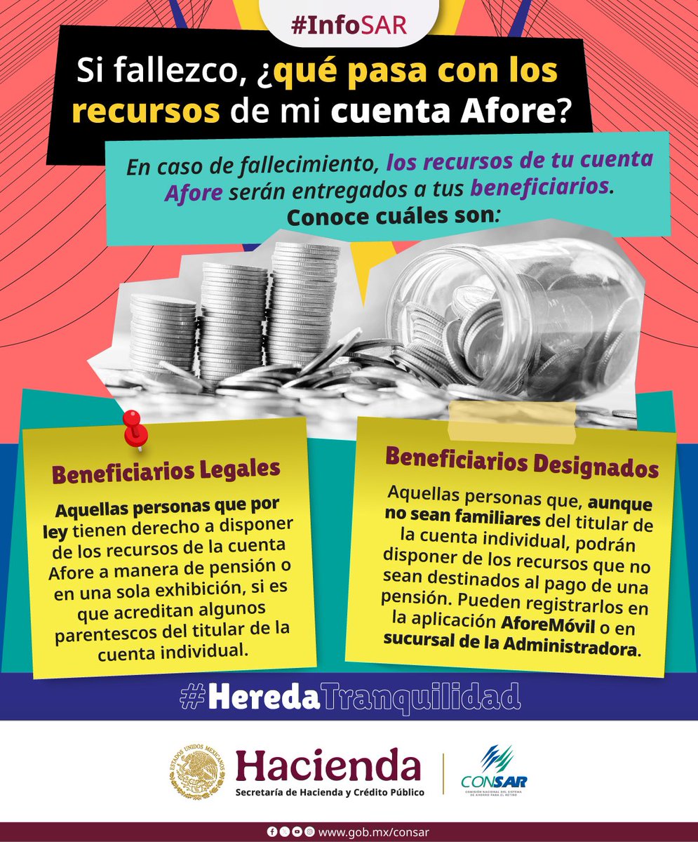 👀 ¡Mucho ojo!
Los beneficiarios de tu #Afore pueden disponer los recursos de tu cuenta individual, en caso de que fallezcas. Descubre cuáles son y hereda tranquilidad: acortar.link/4bWxxy

#InfoSAR