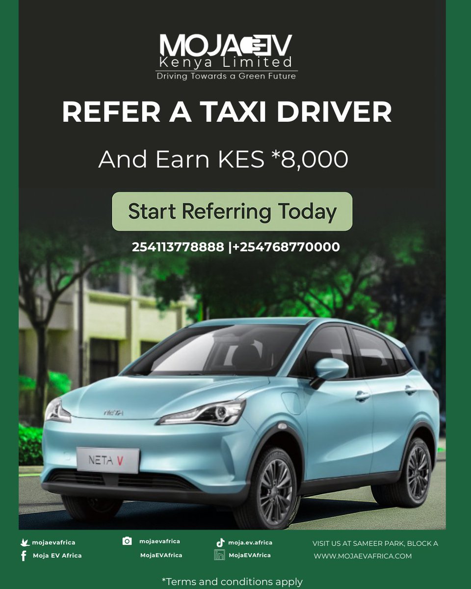 mojaevafrica's tweet image. Already driving a Neta V with Moja EV? It’s time to Spread the Word &amp;amp; Earn Big!
Refer another driver to join our EV lease program and get 2 full days off your lease payments worth KES 8,000!
Just make sure they mention your name when signing up!

#MojaEV #NetaV #ReferAndEarn