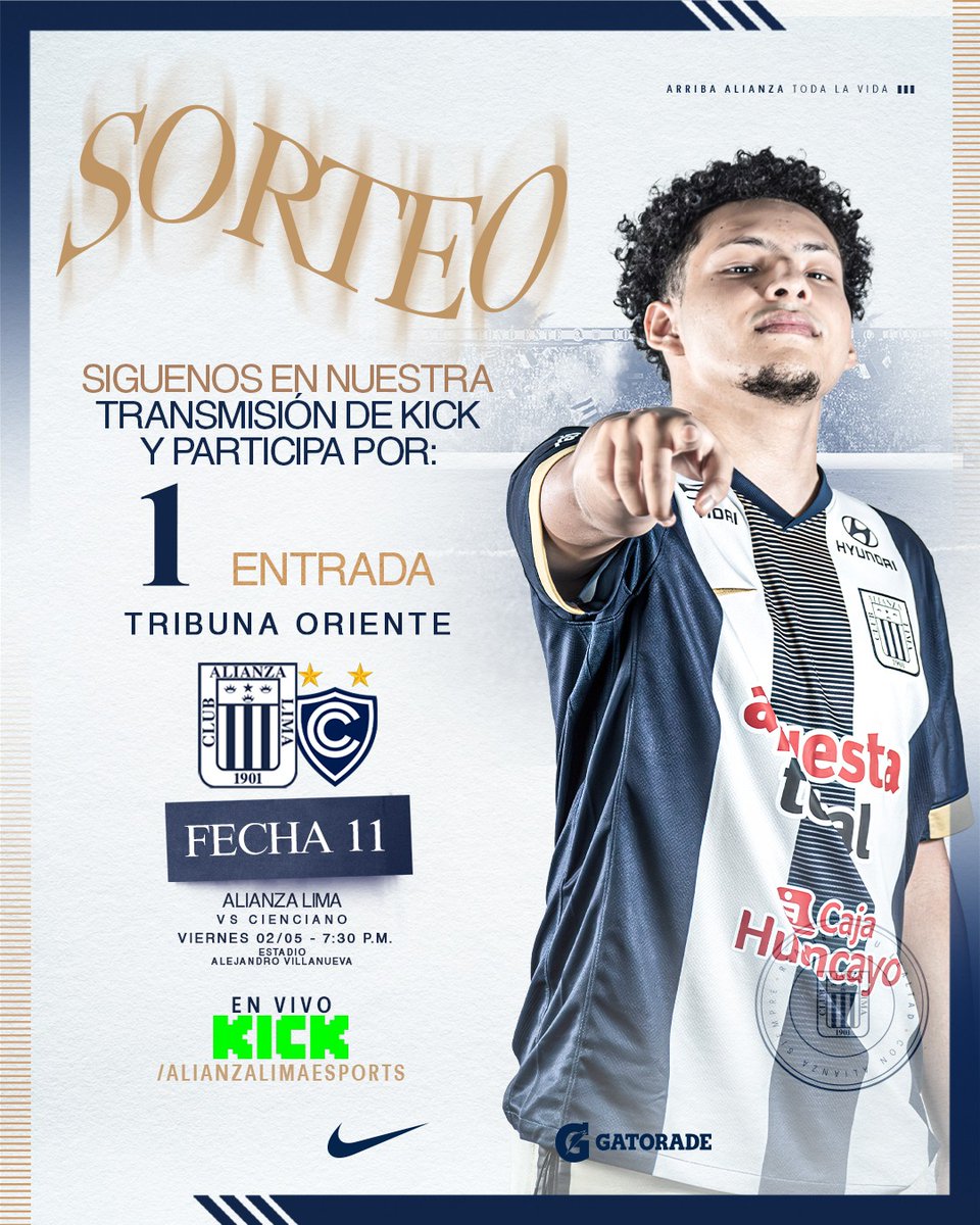 ¡𝗦𝗢𝗥𝗧𝗘𝗢!💜🎟

Participa por 1️⃣ entrada para asistir al partido contra Cienciano.

➡️ Comenta "ARRIBA ALIANZA" y darle RT a la publicación. 🫡

El ganador tendrá que estar presente en la transmisión de KICK. 

#ConAlianzaSiempre
#JuntosHastaElFinAL 💙