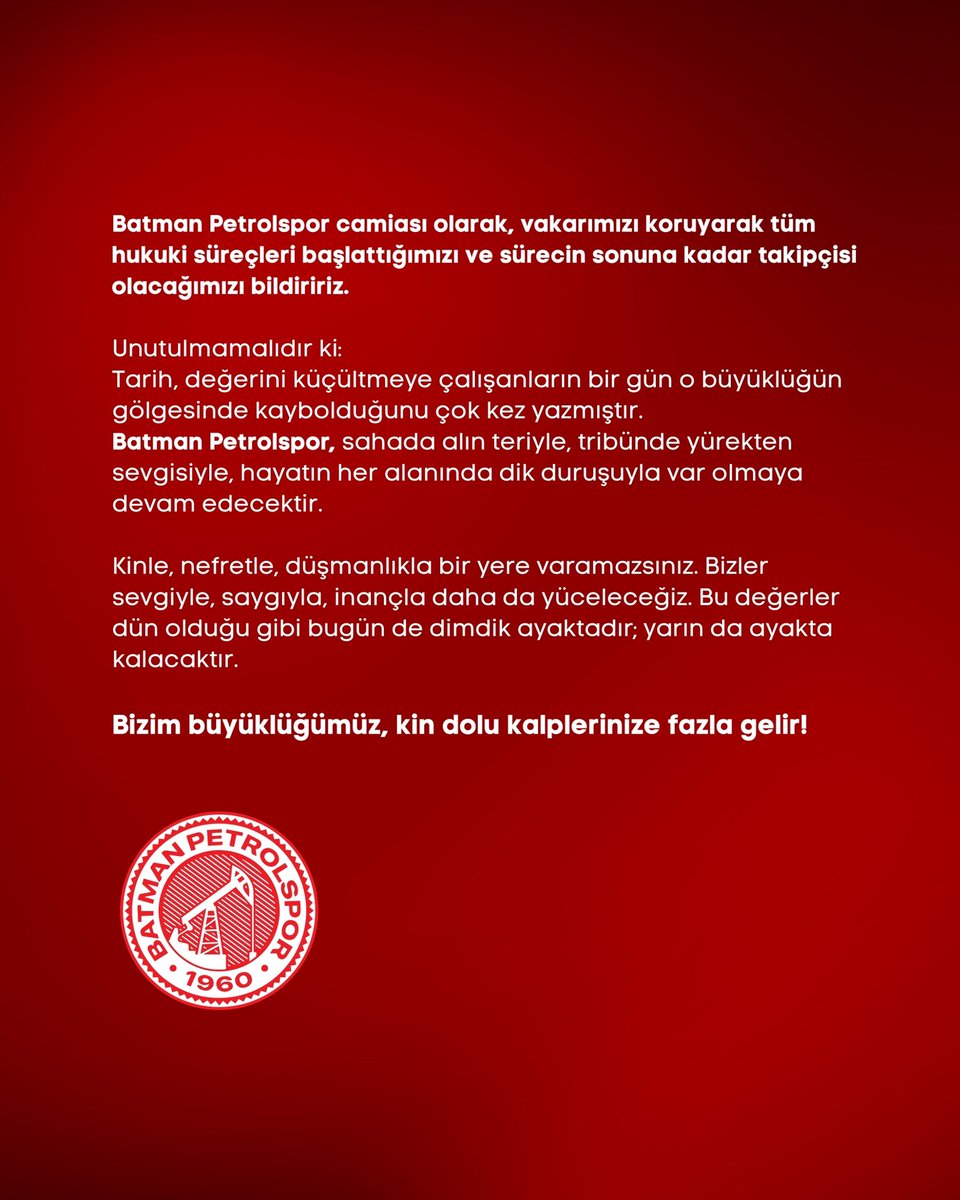 Kamuoyunun Dikkatine 

Son günlerde sosyal medyada paylaşılan ve Sarıyer FK taraftar grubuna ait olduğu anlaşılan görüntülerde, Batman Petrolspor’umuza ve temsil ettiği kadim Batman şehrine yönelik gerçekleştirilen seviyesiz saldırılar, büyük bir üzüntü ve infialle
