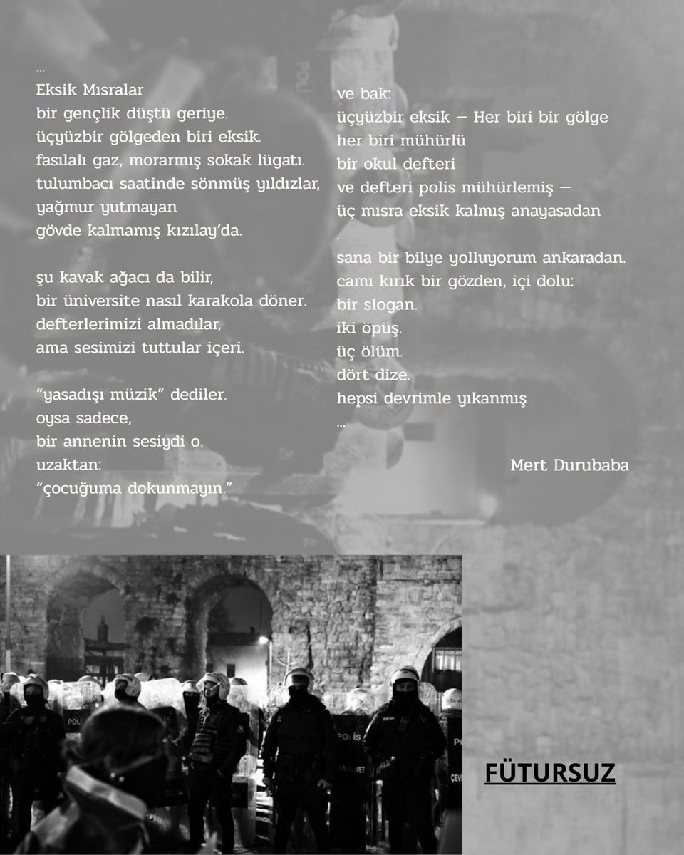 Mert Durubaba'nın (<a href="/yeraltindanmert/">tekinsiz son karambol</a>) zihnimizi satırlara taşıdığı şiirinin devamı ve daha fazlası Fütursuz'un Nisan sayısında!