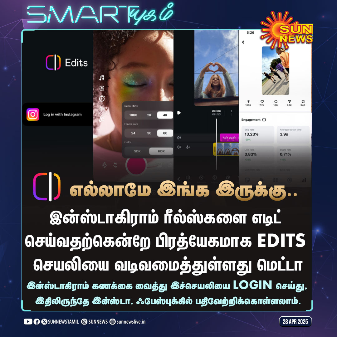 sunnewstamil's tweet photo. #Smartயுகம் | இன்ஸ்டாகிராம் ரீல்ஸ்களை எடிட் செய்ய புதிய செயலி!
#SunNews | #Instagram | #EditsApp https://t.co/vUxGP5x5yU