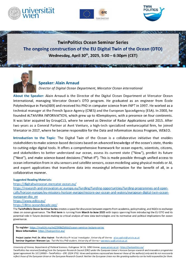 edito_dto's tweet image. π΅ Join @MercatorOcean's Alain Arnaud at the @TwinPolitics Ocean Seminar!
π
30 April, 5 PM CEST
π Learn about the building of the #EuropeanDigitalTwinOcean and our two #EDITO projects: EDITO-Infra & EDITO-ModelLab
π Register: tinyurl.com/4jutxrbm
#MissionOcean #EU_DTO #DTO