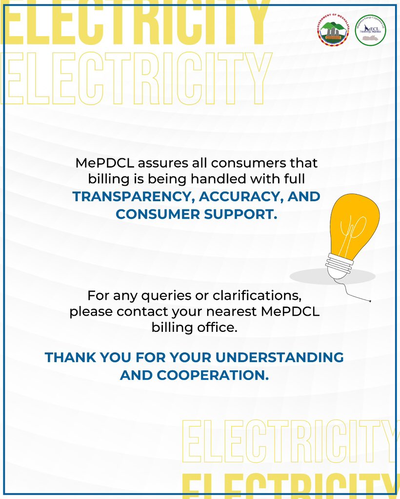 CMD_MeECL's tweet image. Notice! Recent electricity bills may show higher consumption due to the completion of smart meter upgrades.

If you have any questions, please reach out to your nearest MePDCL billing office. We appreciate your understanding!

#MePDCL #SmartMeterUpgrade #CustomerSupport