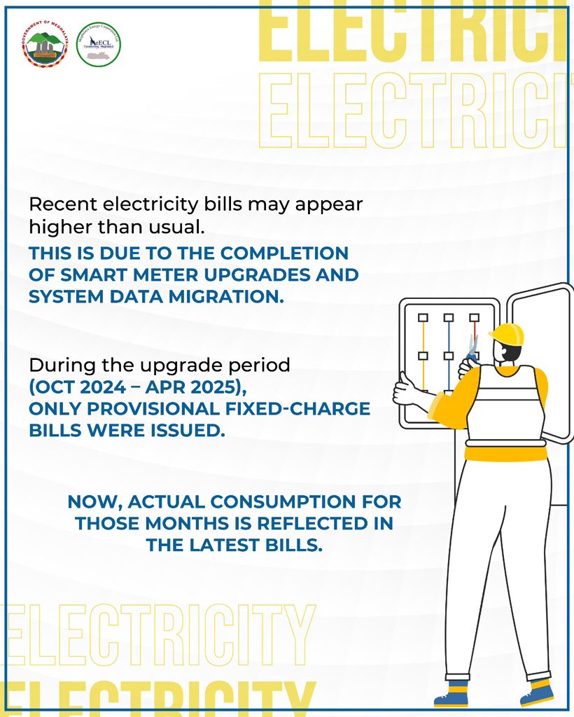 CMD_MeECL's tweet image. Notice! Recent electricity bills may show higher consumption due to the completion of smart meter upgrades.

If you have any questions, please reach out to your nearest MePDCL billing office. We appreciate your understanding!

#MePDCL #SmartMeterUpgrade #CustomerSupport