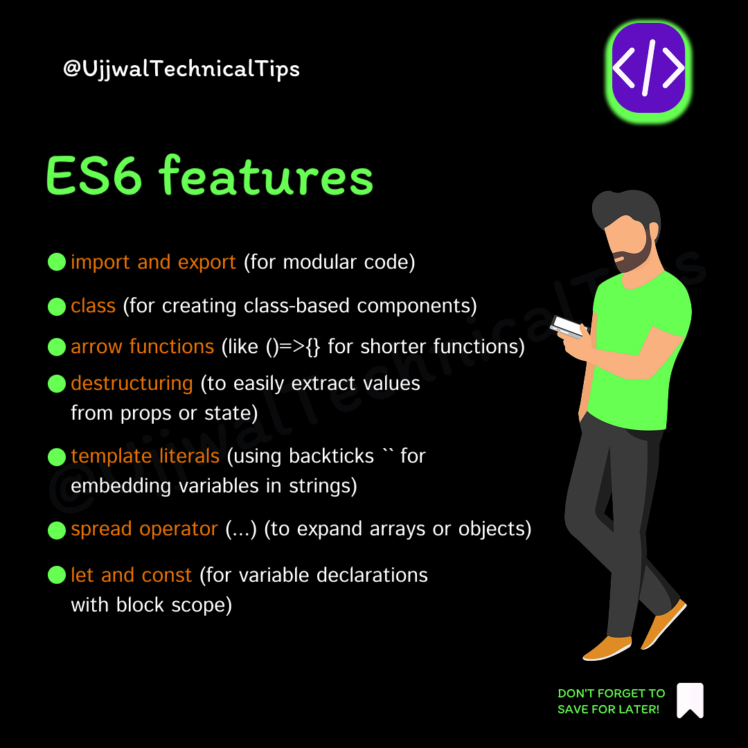 pushpendratips's tweet image. ✨ ES6 features
A thread 🧵👇🏻👇🏻
#ES6 #JavaScript #ModernJavaScript #ES6Features #LearnES6 #ECMAScript6 #WebDevelopment #Coding #FrontendDevelopment