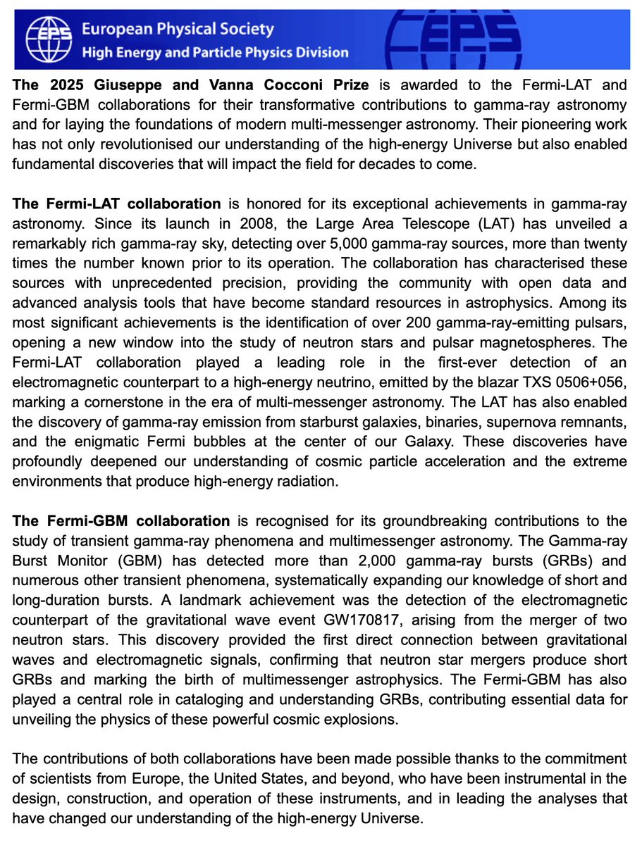 Diego F. Torres (@dft_research) on Twitter photo I am glad to share good news: The Fermi Collaboration has just been awarded with the 2025 Giuseppe and Vanna Cocconi Prize of the European Physical Society for outstanding work in particle astrophysics the last 15 years! <a href="/ICREA/">ESCUELADEESCRITORES</a> <a href="/CSIC/">CSIC</a> <a href="/IEEC/">Indomedia Gemilang</a> <a href="/ice_csic/">Institute of Space Sciences (ICE-CSIC)</a> I am glad to share good news: The Fermi Collaboration has just been awarded with the 2025 Giuseppe and Vanna Cocconi Prize of the European Physical Society for outstanding work in particle astrophysics the last 15 years! <a href="/ICREA/">ESCUELADEESCRITORES</a> <a href="/CSIC/">CSIC</a> <a href="/IEEC/">Indomedia Gemilang</a> <a href="/ice_csic/">Institute of Space Sciences (ICE-CSIC)</a>