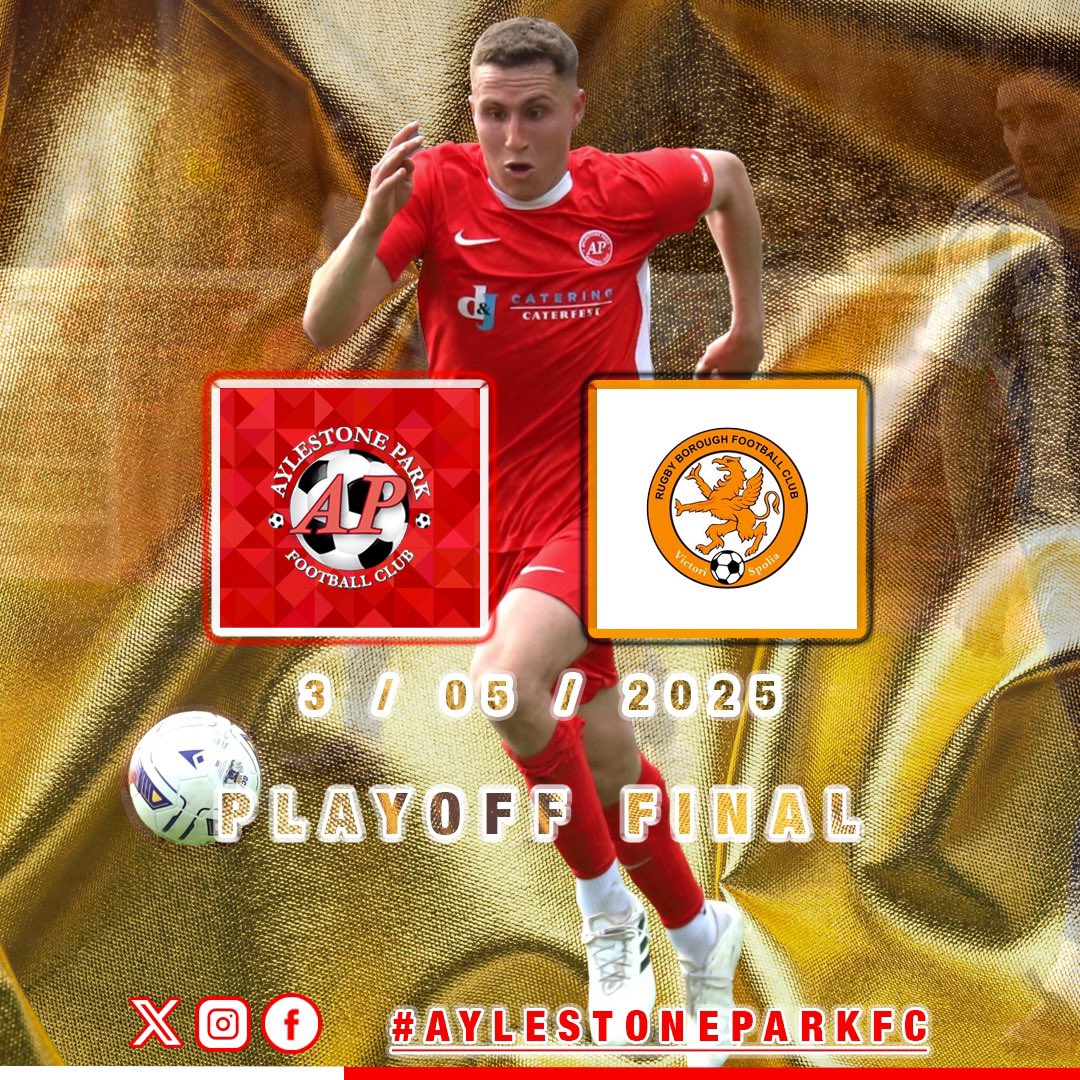 Aylestone Park FC (@officialapfc) on Twitter photo T H E G O L D E N T I C K E T 🎟️
Playoff Final! The place to be next Saturday… Get up The Park 🫡
🆚 <a href="/Rugbyboroughfc/">Rugby Borough FC</a>
🗓 3 May
⏰ 3:00pm KO
🏟 APFC LE2 6TG
🎟 £6 adults | £3 concessions | U16s free
🪪 SEASON TICKETS NOT VALID
#AylestoneParkFC #upthepark #thereds
🔴🔴🔴 T H E G O L D E N T I C K E T 🎟️
Playoff Final! The place to be next Saturday… Get up The Park 🫡
🆚 <a href="/Rugbyboroughfc/">Rugby Borough FC</a>
🗓 3 May
⏰ 3:00pm KO
🏟 APFC LE2 6TG
🎟 £6 adults | £3 concessions | U16s free
🪪 SEASON TICKETS NOT VALID
#AylestoneParkFC #upthepark #thereds
🔴🔴🔴