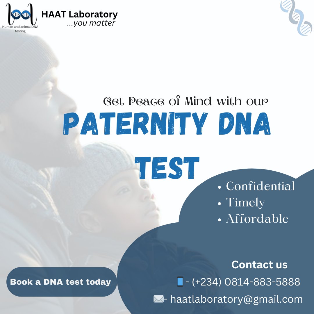 HaatLab's tweet photo. When the truth matters, choose our Paternity DNA test. 
Truth at the comfort of your home within a short period. 
Contact HAAT Laboratory for your DNA test services. 

you matter...

#Monday #PeaceOfMind https://t.co/9ajOyOeCwm