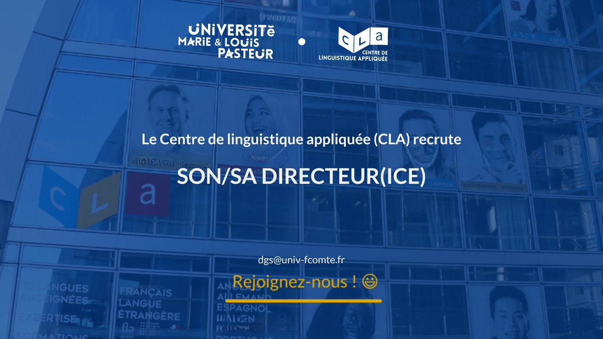 Centre de Linguistique Appliquée (CLA) de Besançon (@cla_besancon) on Twitter photo #JOBALERT Le CLA recrute son/sa directeur(trice) !
👉 Poste à pourvoir le 1/09/2025
📧 Lettre de candidature et CV à transmettre à dgs@univ-fcomte.fr
👉Dépôt des candidatures au plus tard le 29/05/2025
👉Retrouvez la fiche de poste complète : bit.ly/4jDhoXA
<a href="/AgenceFLE/">Agence Fle.fr 🇫🇷</a> #JOBALERT Le CLA recrute son/sa directeur(trice) !
👉 Poste à pourvoir le 1/09/2025
📧 Lettre de candidature et CV à transmettre à dgs@univ-fcomte.fr
👉Dépôt des candidatures au plus tard le 29/05/2025
👉Retrouvez la fiche de poste complète : bit.ly/4jDhoXA
<a href="/AgenceFLE/">Agence Fle.fr 🇫🇷</a>