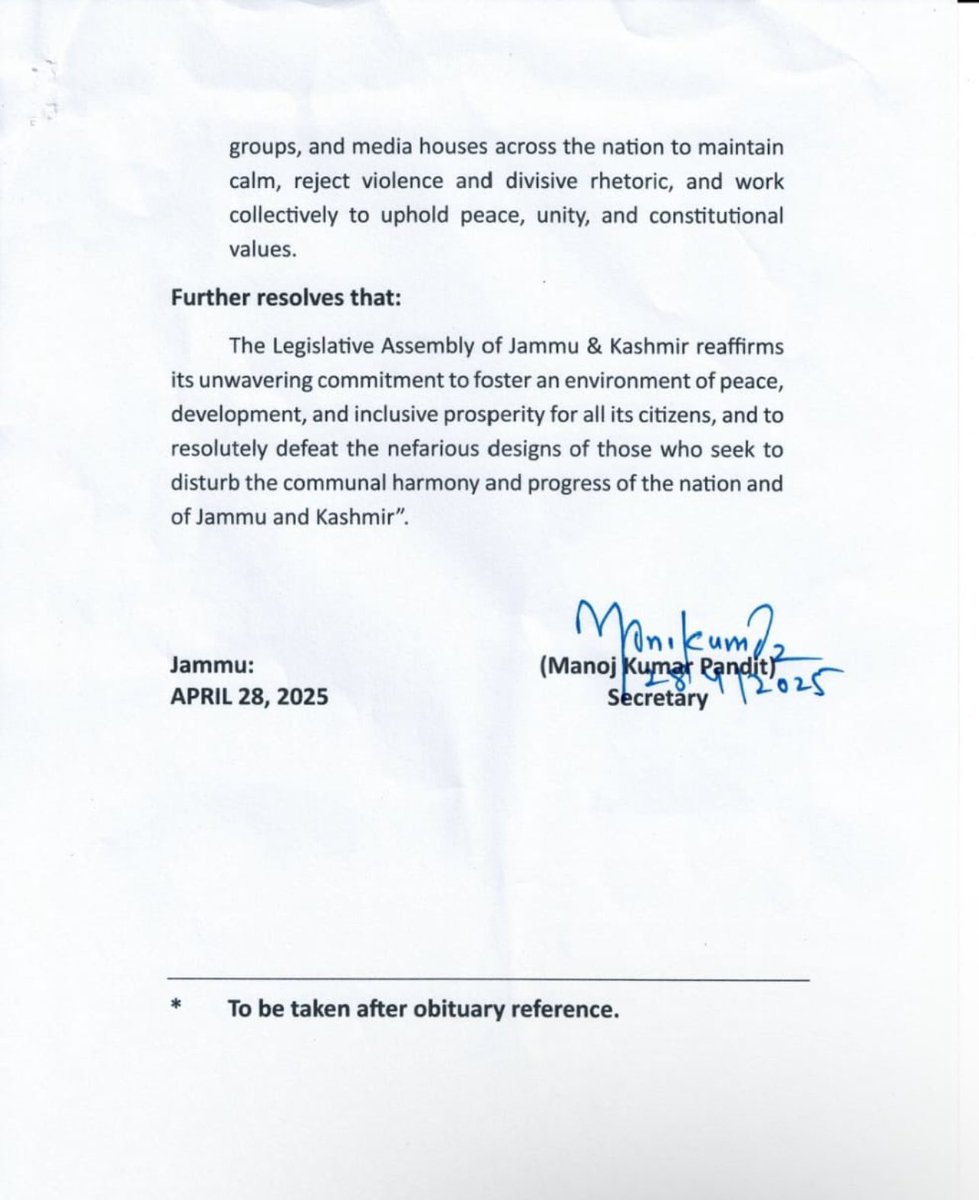 J&amp;K assembly moves resolution expressing shock and anguish at the Pahalgam terror attack. Calls it an attack on Kashmiriyat and Constitution.
CM says in Assembly, these attacks are ‘not in my name’