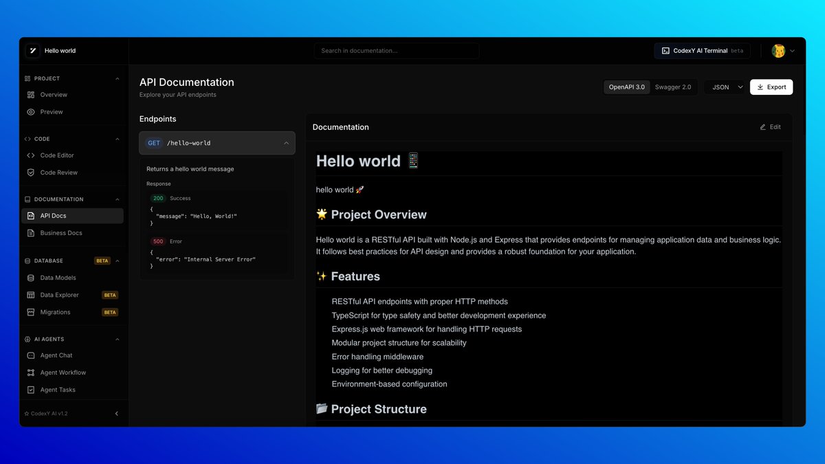 jarzebowsky_dev's tweet image. Fixed frustrating bugs in our API Docs today. CodexY AI now auto-builds and updates documentation as you code, eliminating manual updates! 🚀 #BuildInPublic #DevTools #APIDocumentation