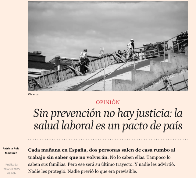 UGT (@ugt_comunica) on Twitter photo 🚧 Sin prevención no hay justicia: la salud laboral es un pacto de país
✍️ Lee la columna de Patricia Ruiz (<a href="/PatriciaRuizUGT/">Patricia Ruiz</a>), sec. de salud laboral confederal de #UGT (<a href="/saludlaboralugt/">Salud Laboral UGT</a>)
"Porque no queremos seguir contando muertes, ni encogiéndonos ante cifras que desgarran. 🚧 Sin prevención no hay justicia: la salud laboral es un pacto de país
✍️ Lee la columna de Patricia Ruiz (<a href="/PatriciaRuizUGT/">Patricia Ruiz</a>), sec. de salud laboral confederal de #UGT (<a href="/saludlaboralugt/">Salud Laboral UGT</a>)
"Porque no queremos seguir contando muertes, ni encogiéndonos ante cifras que desgarran.