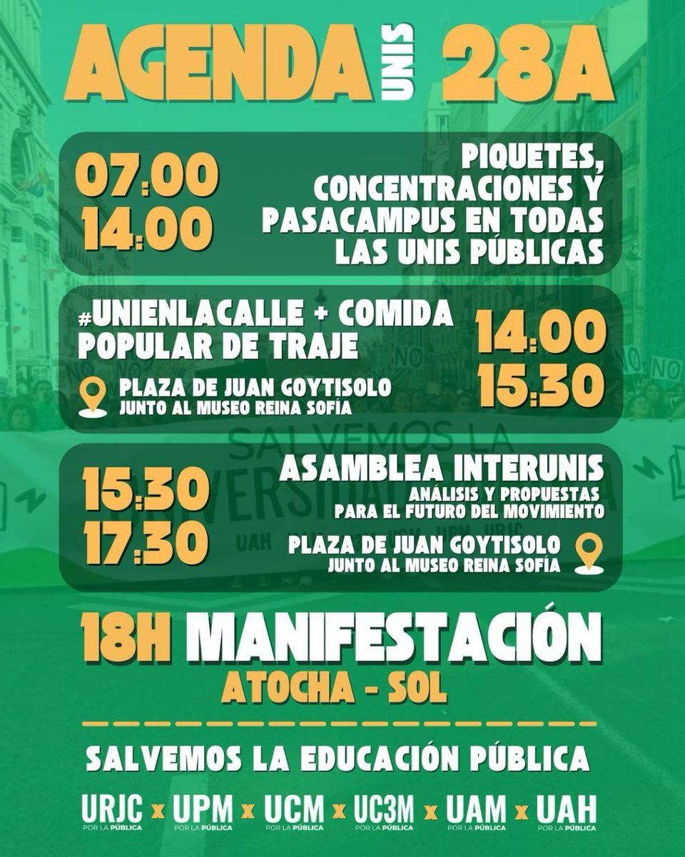 Desde las universidades públicas madrileñas se realizarán una serie de acciones para dar visibilidad al movimiento de defensa de la educación pública y de calidad. Además de la concentración general de las 18:00h de la tarde.

✊¡Nosotras nos sumamos a esta petición!
