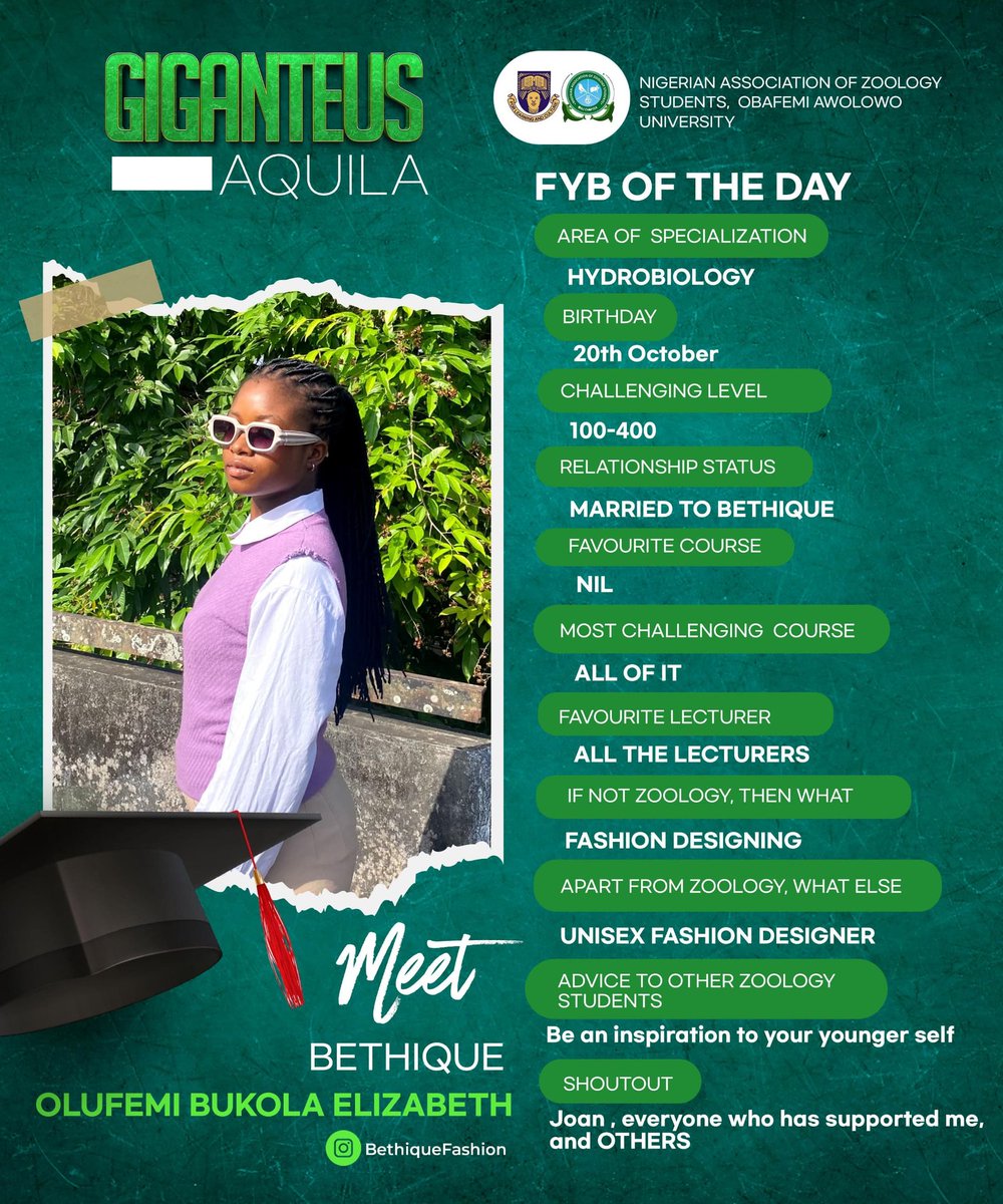G_Aquila1's tweet photo. Meet Olufemi Bukola Elizabeth a.k.a Bethique 🥳🎉🎉🎉🥳🥳Our FYB personality of the day

Bukola is an Hydro biologist who found all level very  challenging.

Bethique's advice to other students is to be an inspiration to your younger self. https://t.co/7WeaMz6O88